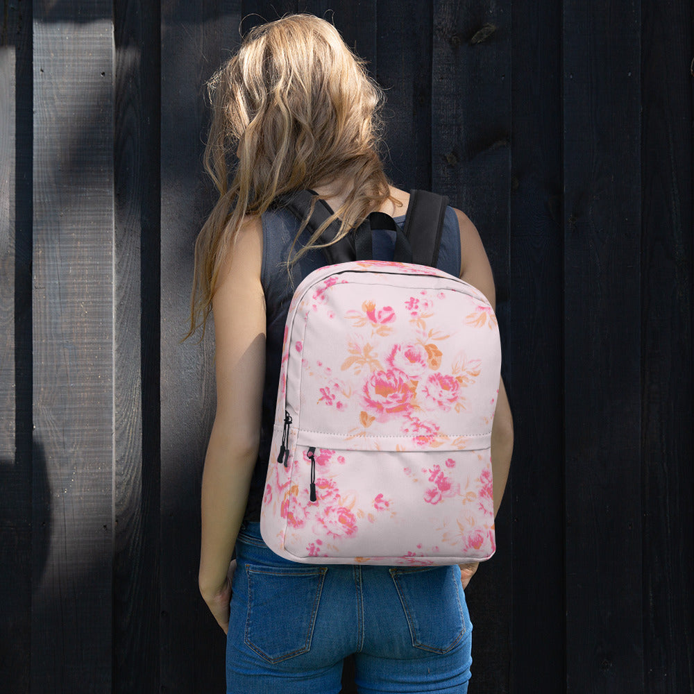 Pink vintage roses print backpack