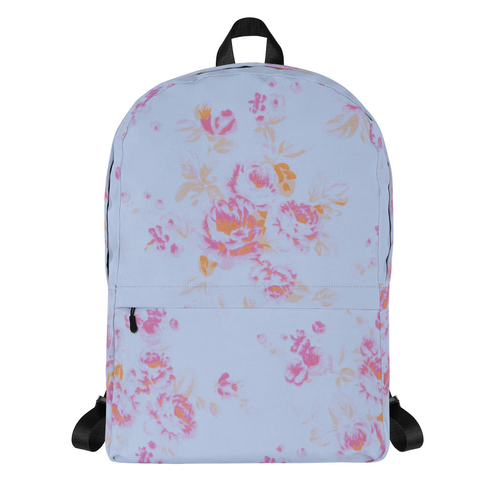 Pink roses on blue backpack