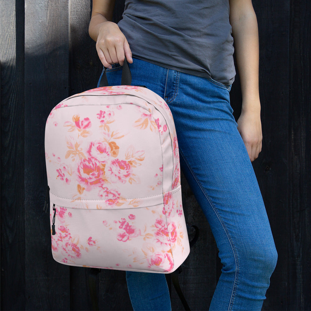 Pink vintage roses print backpack