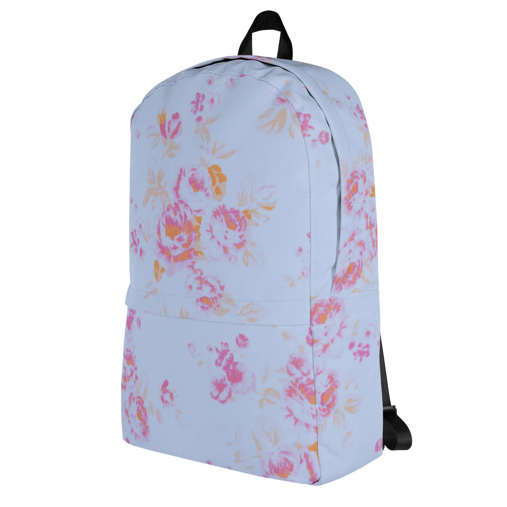 Pink roses on blue backpack