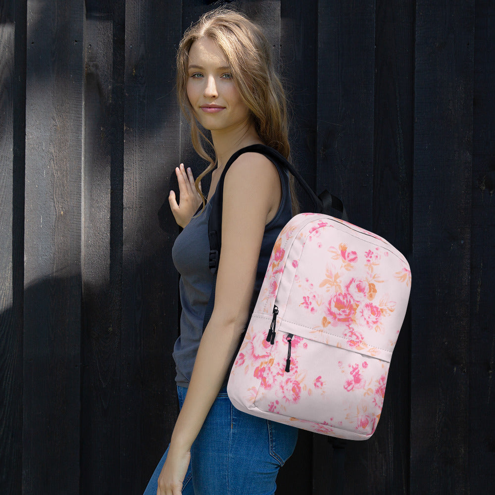 Pink vintage roses print backpack