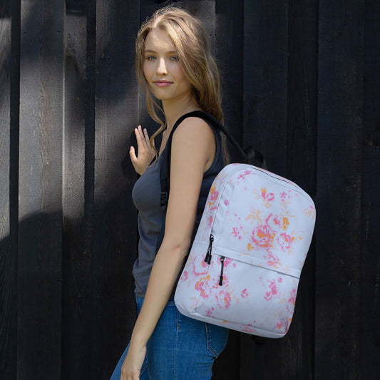 Pink roses on blue backpack