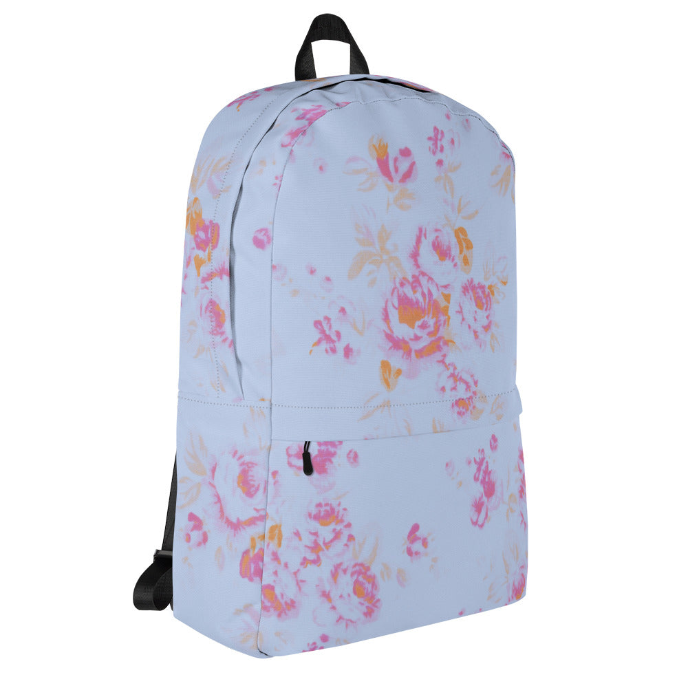 Pink roses on blue backpack