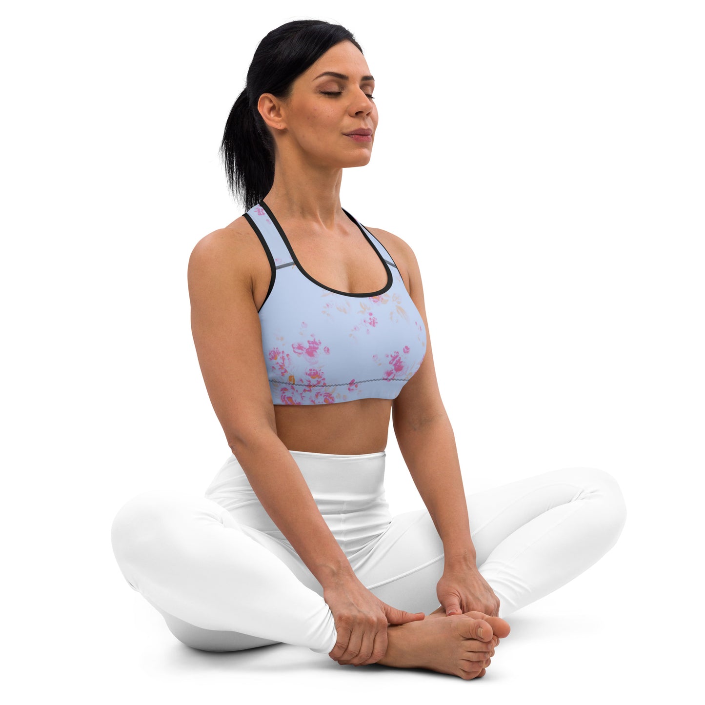 Pink roses on blue sports bra