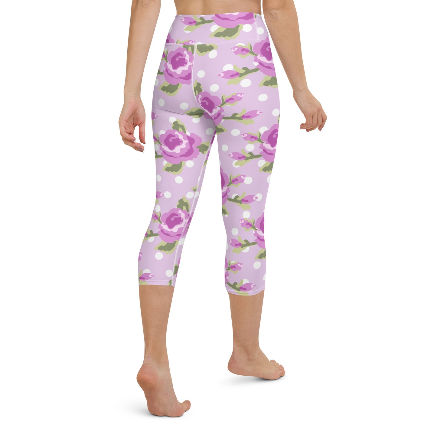 Purple roses and polka dots yoga capri leggings