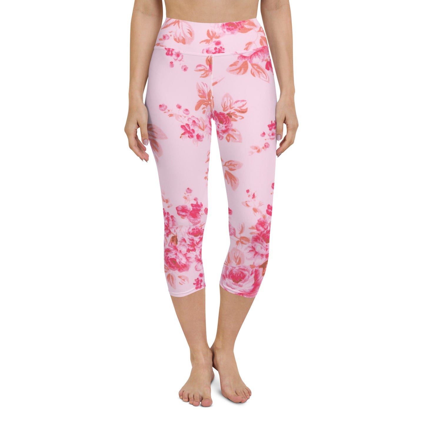 Pink vintage roses yoga capri leggings