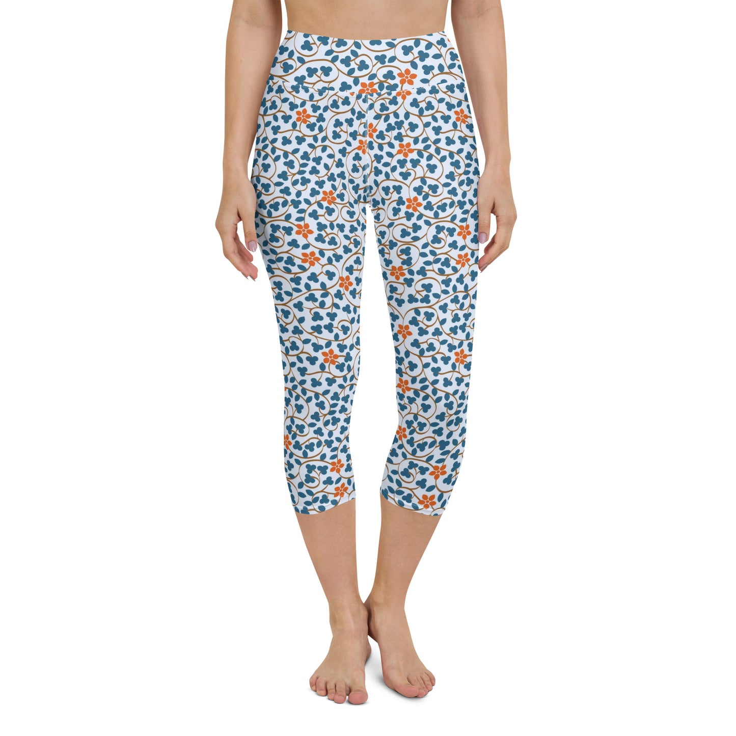 Red flowers yoga capri leggings