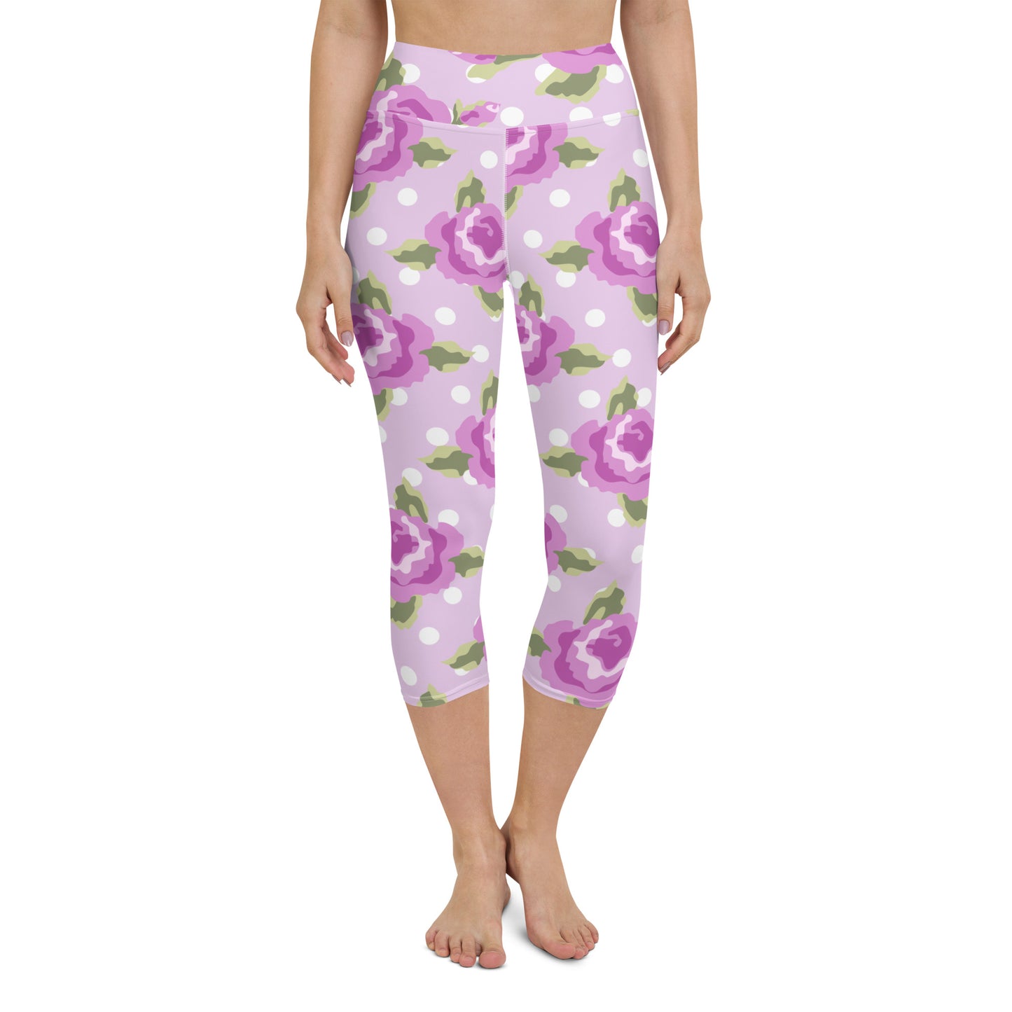 Purple roses and polka dots yoga capri leggings