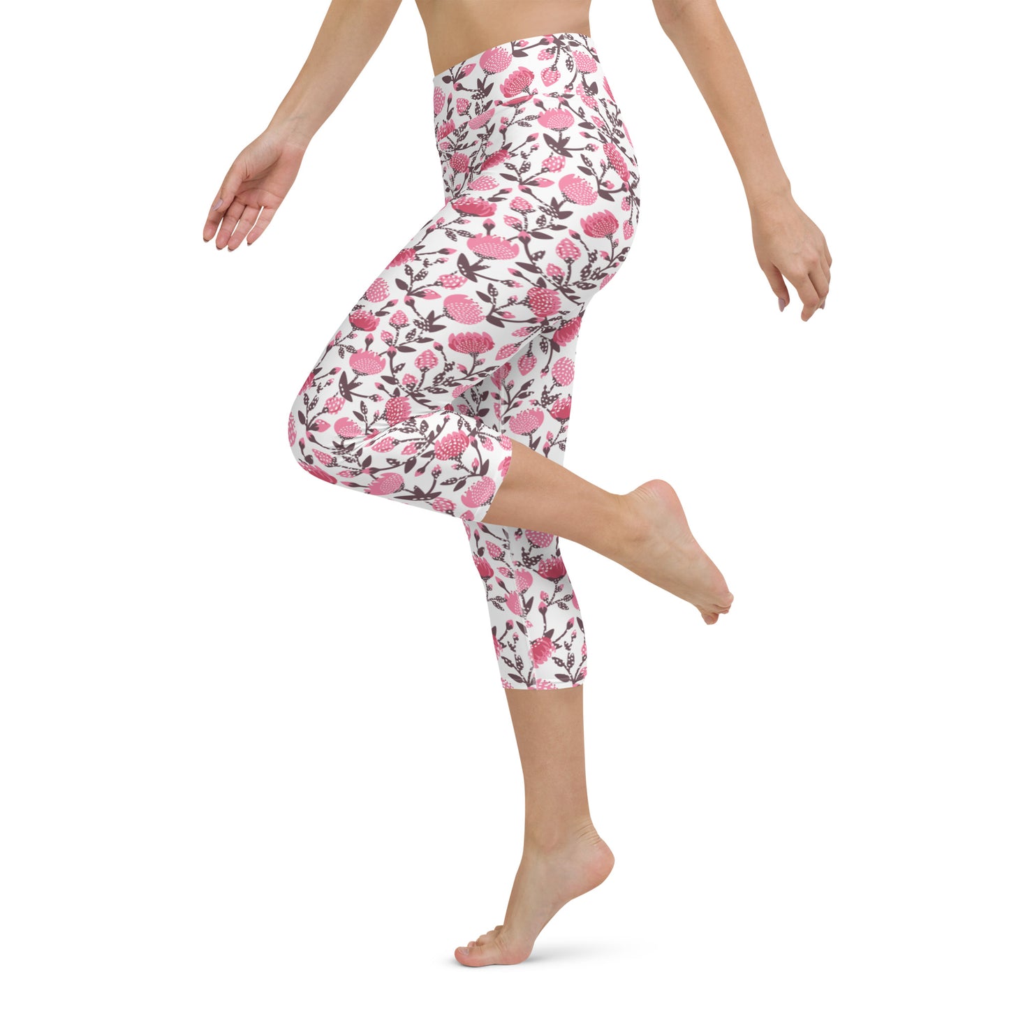 Pink flowers yoga capri leggings