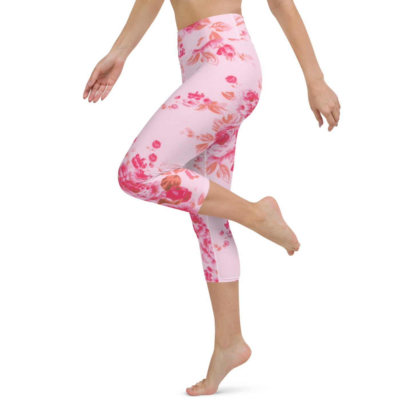 Pink vintage roses yoga capri leggings