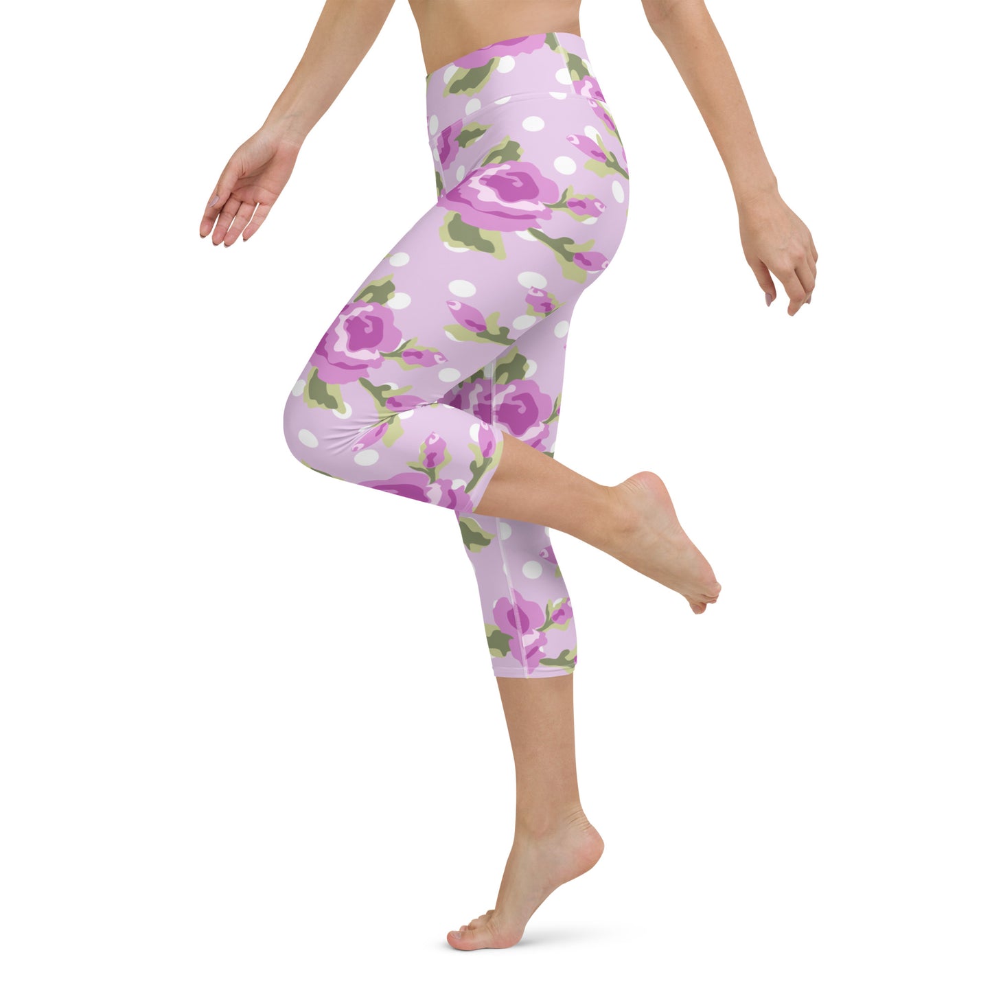 Purple roses and polka dots yoga capri leggings