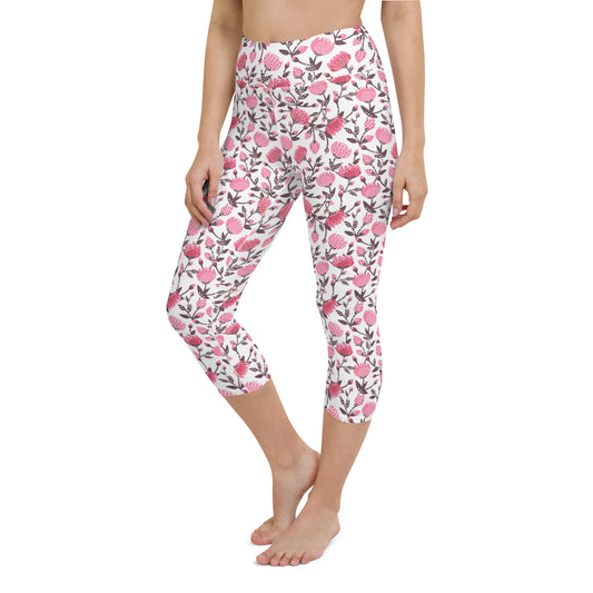 Pink flowers yoga capri leggings