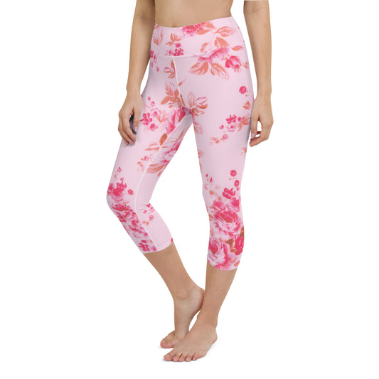 Pink vintage roses yoga capri leggings