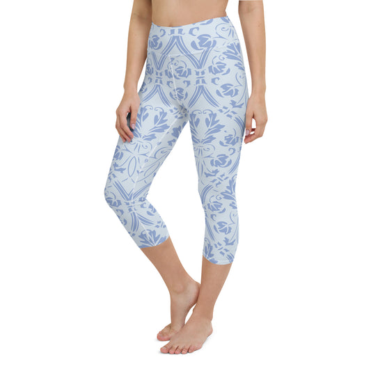 Blue damask yoga capri leggings