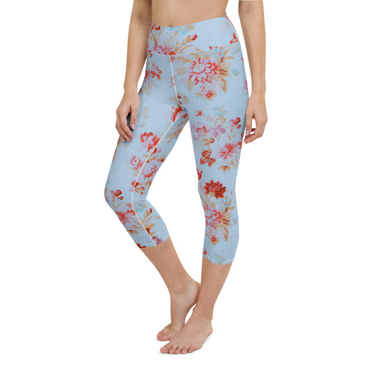 Blue vintage roses yoga capri leggings