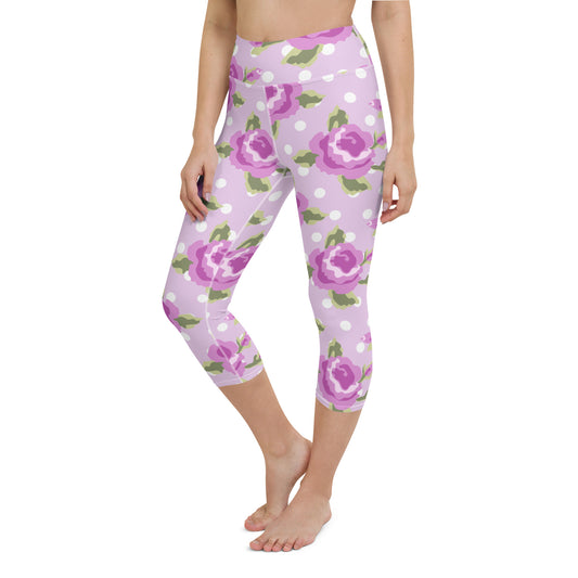 Purple roses and polka dots yoga capri leggings