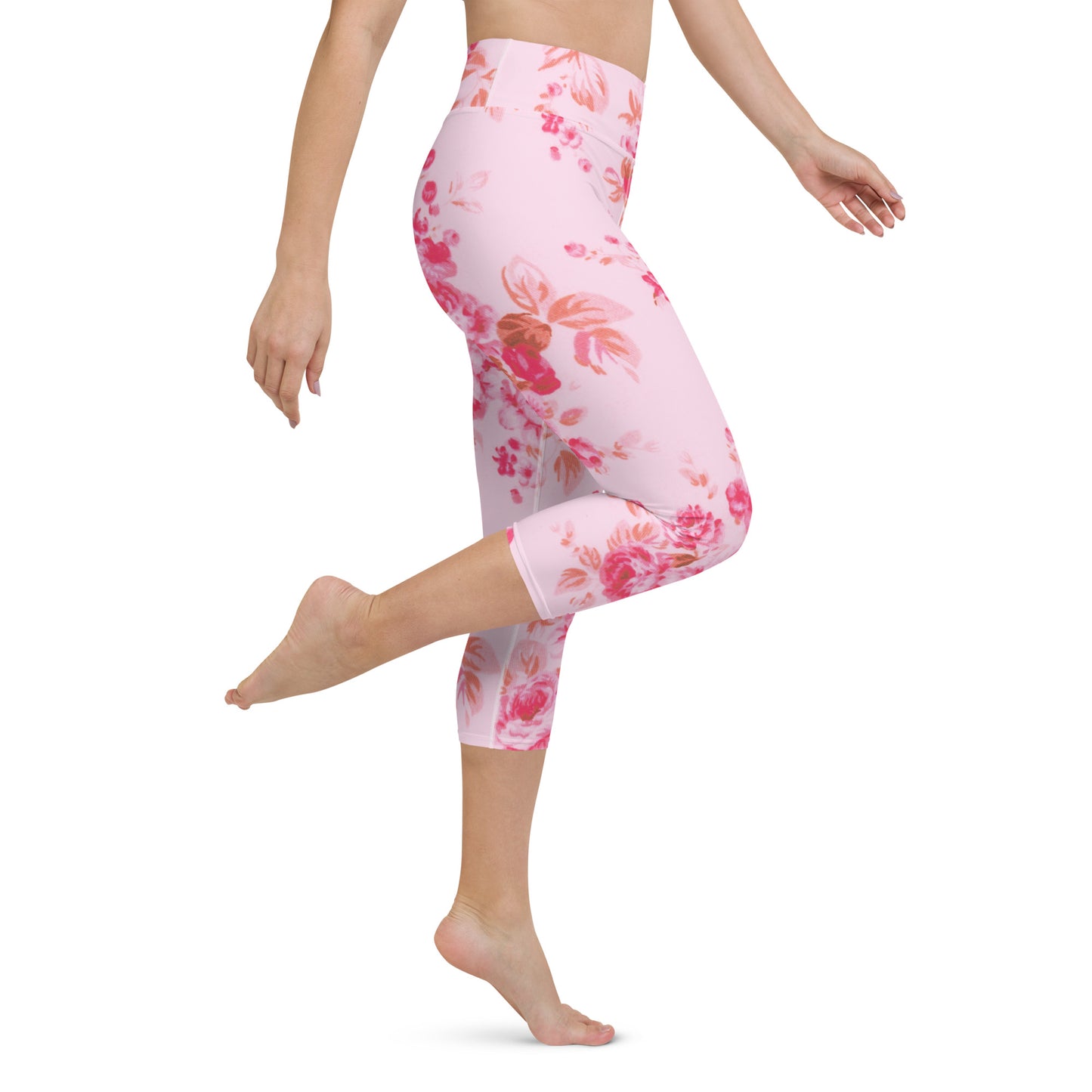 Pink vintage roses yoga capri leggings