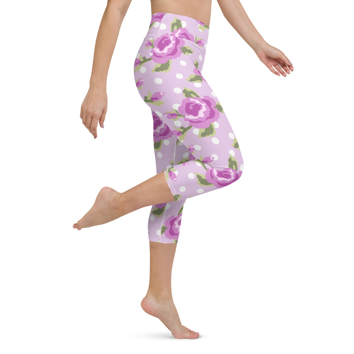 Purple roses and polka dots yoga capri leggings