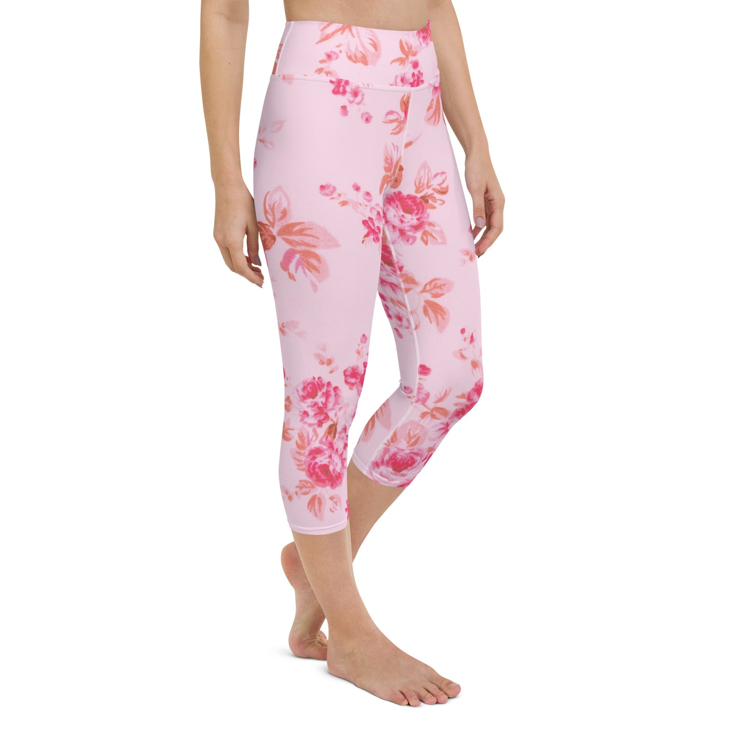 Pink vintage roses yoga capri leggings