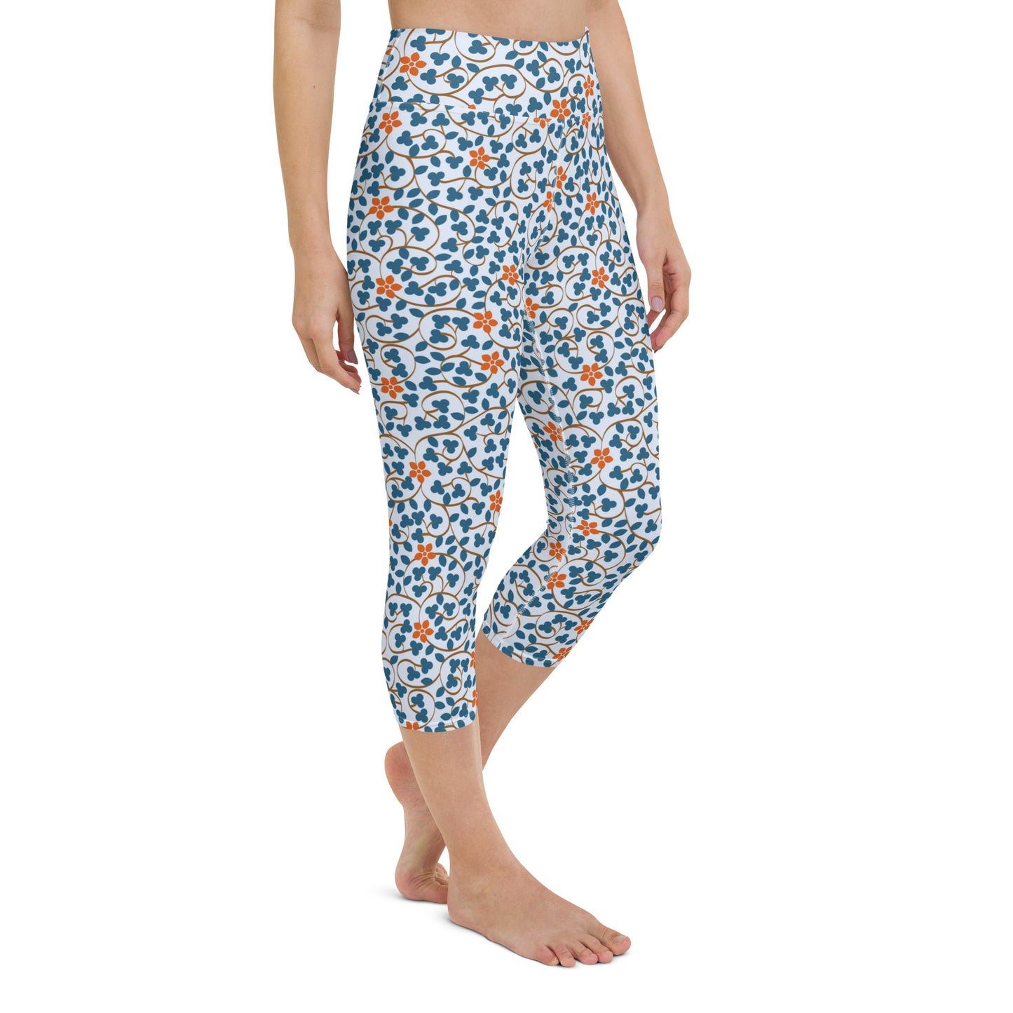 Red flowers yoga capri leggings