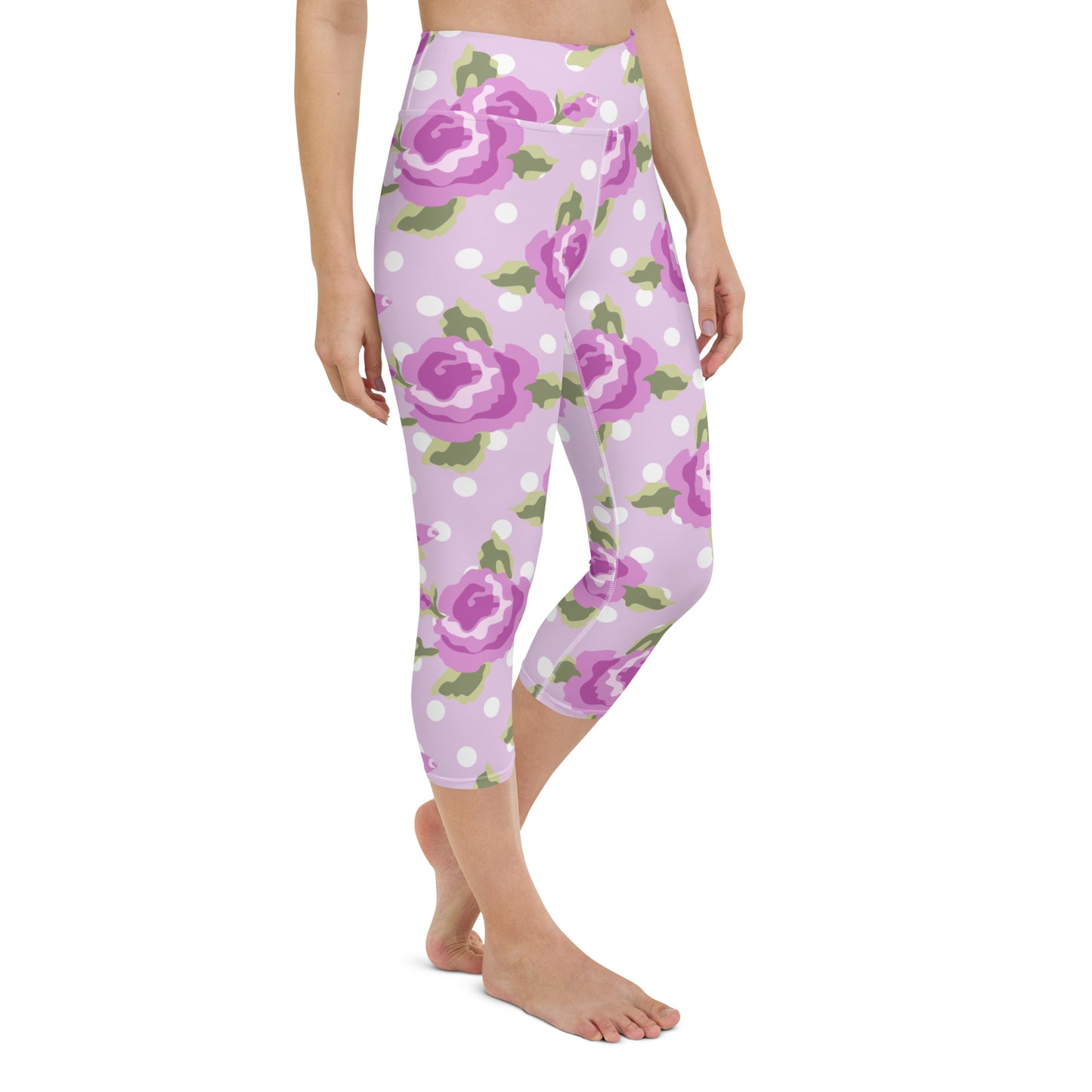 Purple roses and polka dots yoga capri leggings