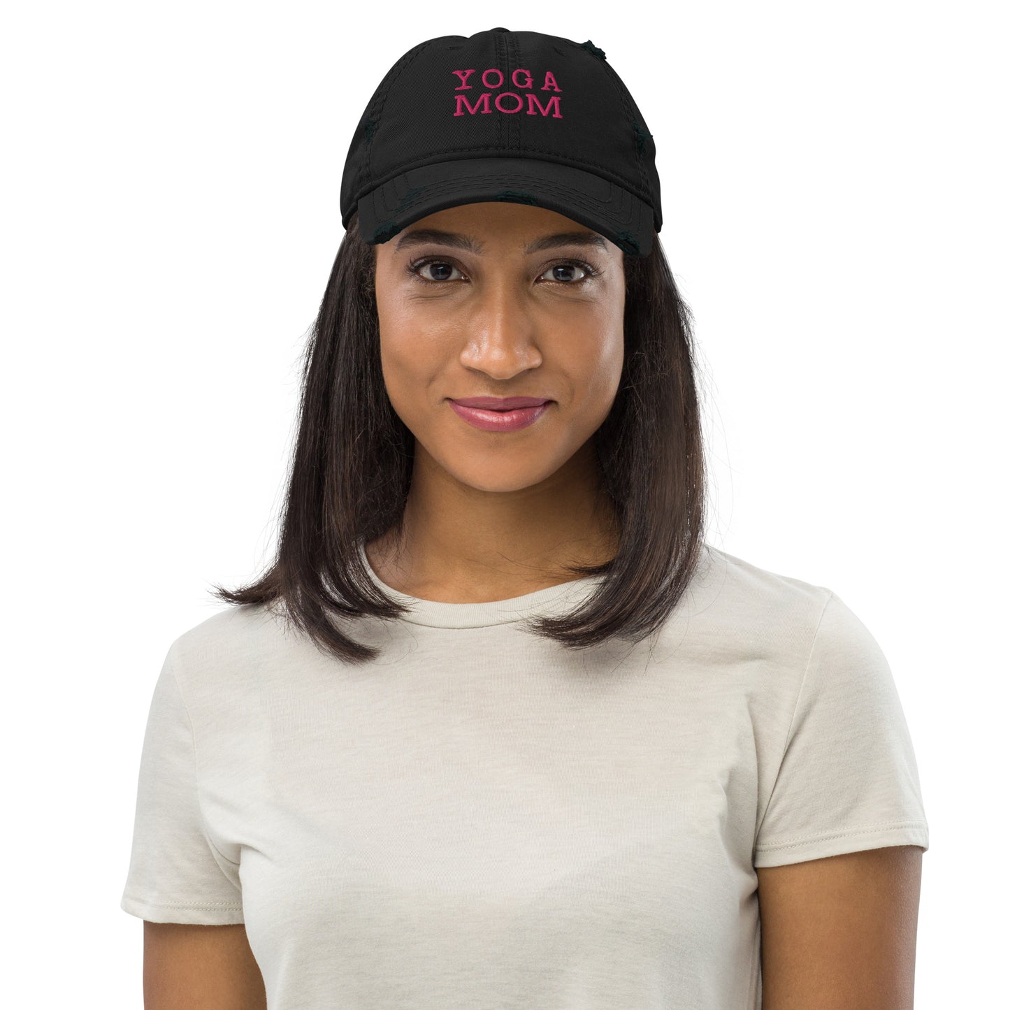 Embroidered yoga mom distressed baseball hat