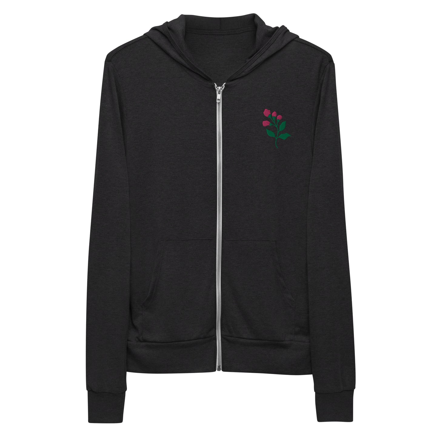 Embroidered pink flowers unisex zip hoodie