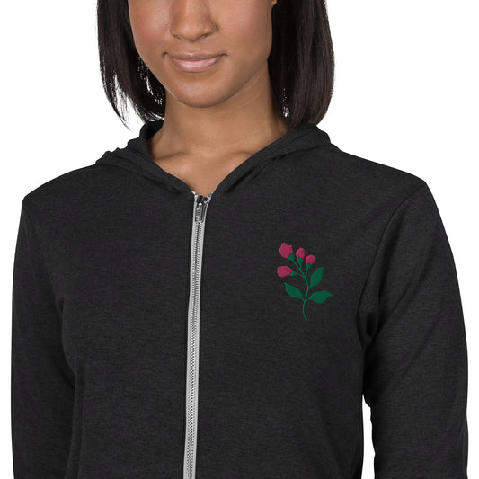 Embroidered pink flowers unisex zip hoodie