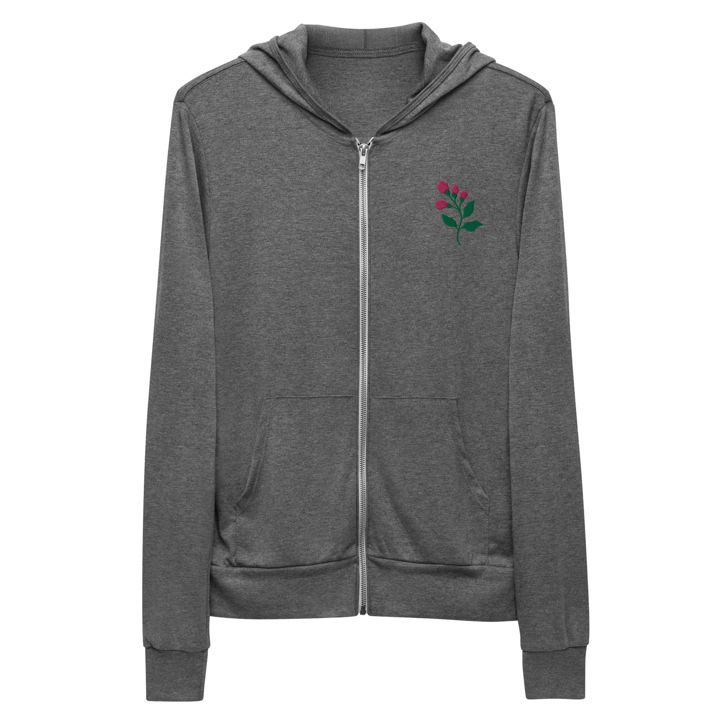 Embroidered pink flowers unisex zip hoodie