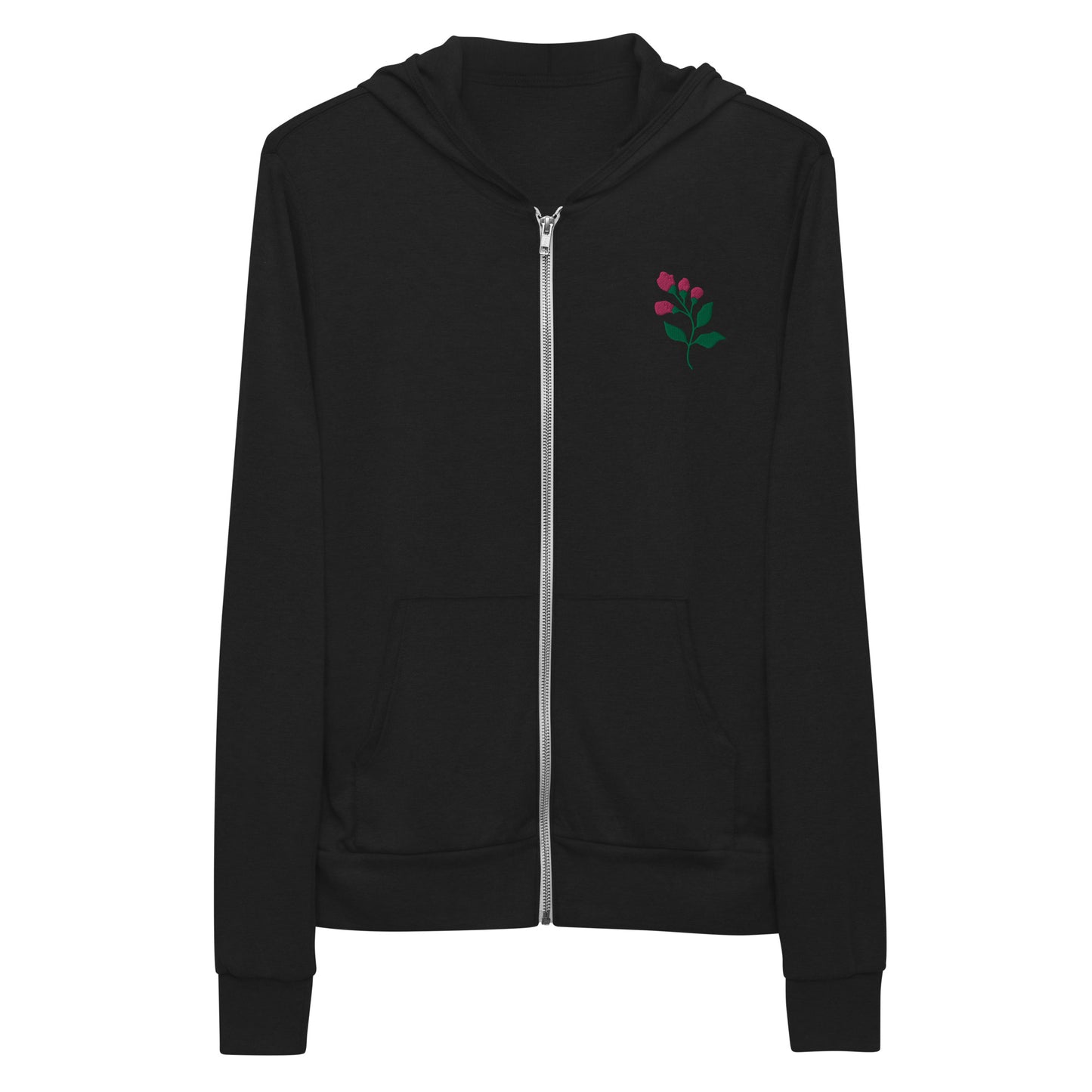 Embroidered pink flowers unisex zip hoodie